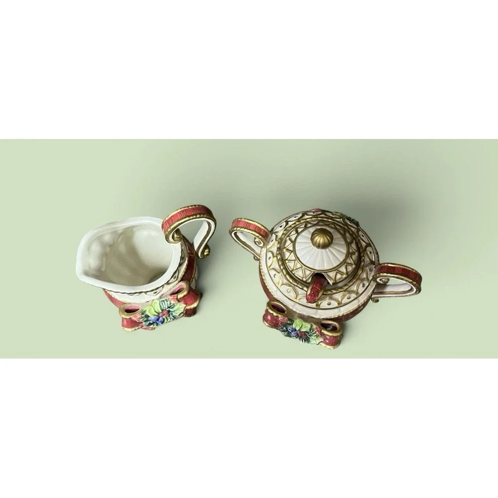 Fitz & Floyd Christmas Deer Creamer Sugar Bowl Spoon Red Bow Ribbon Tassel VTG